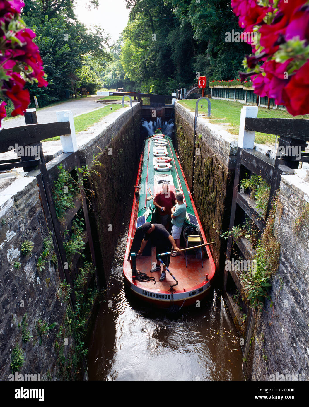 A narrowboat in the Brynich lock on the Monmouthshire and Brecon Canal near Brecon in the Bannau