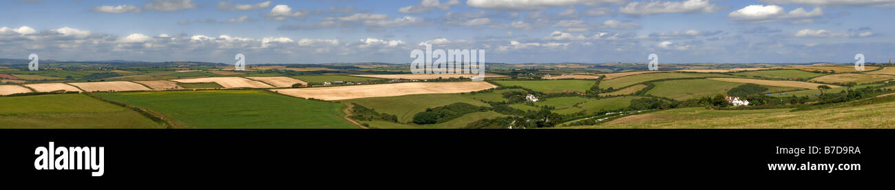 view over devon countryside with fields and farmland Stock Photo