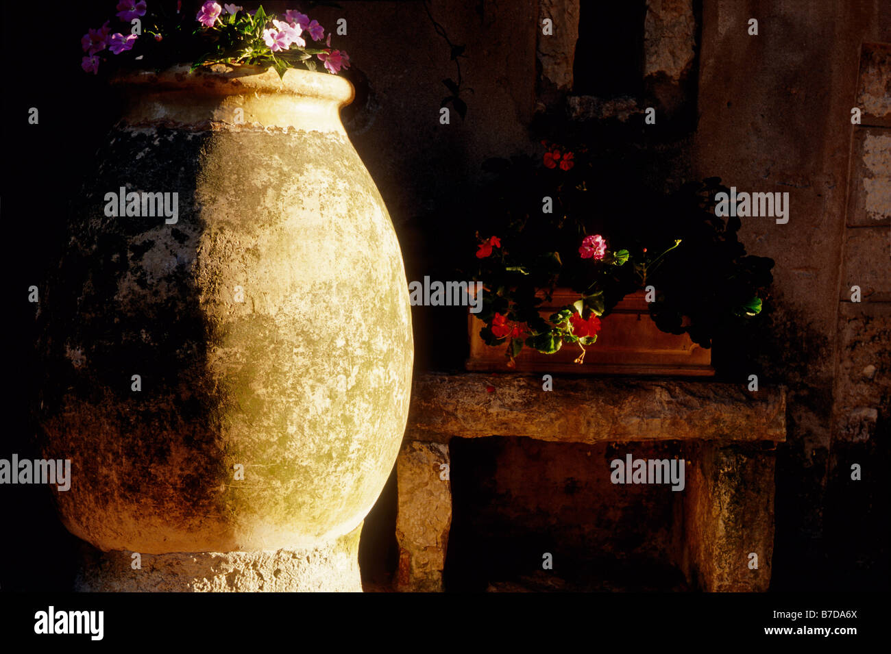 Old jar clay in the Gallo Roman village street of La Turbie Stock Photo