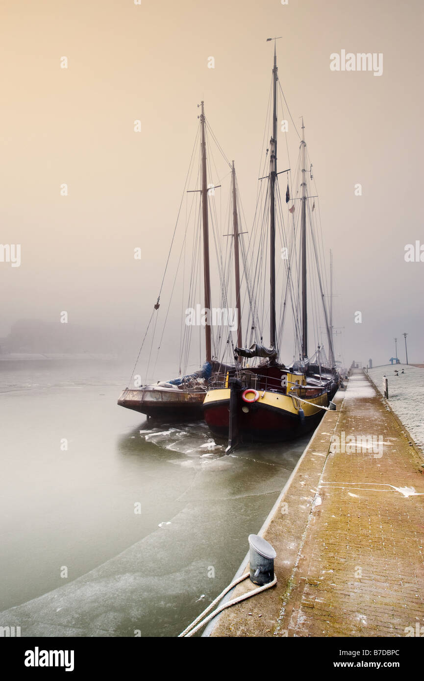 Dutch sailing boat on a cold day in winter Friesland The Netherlands Stock Photo