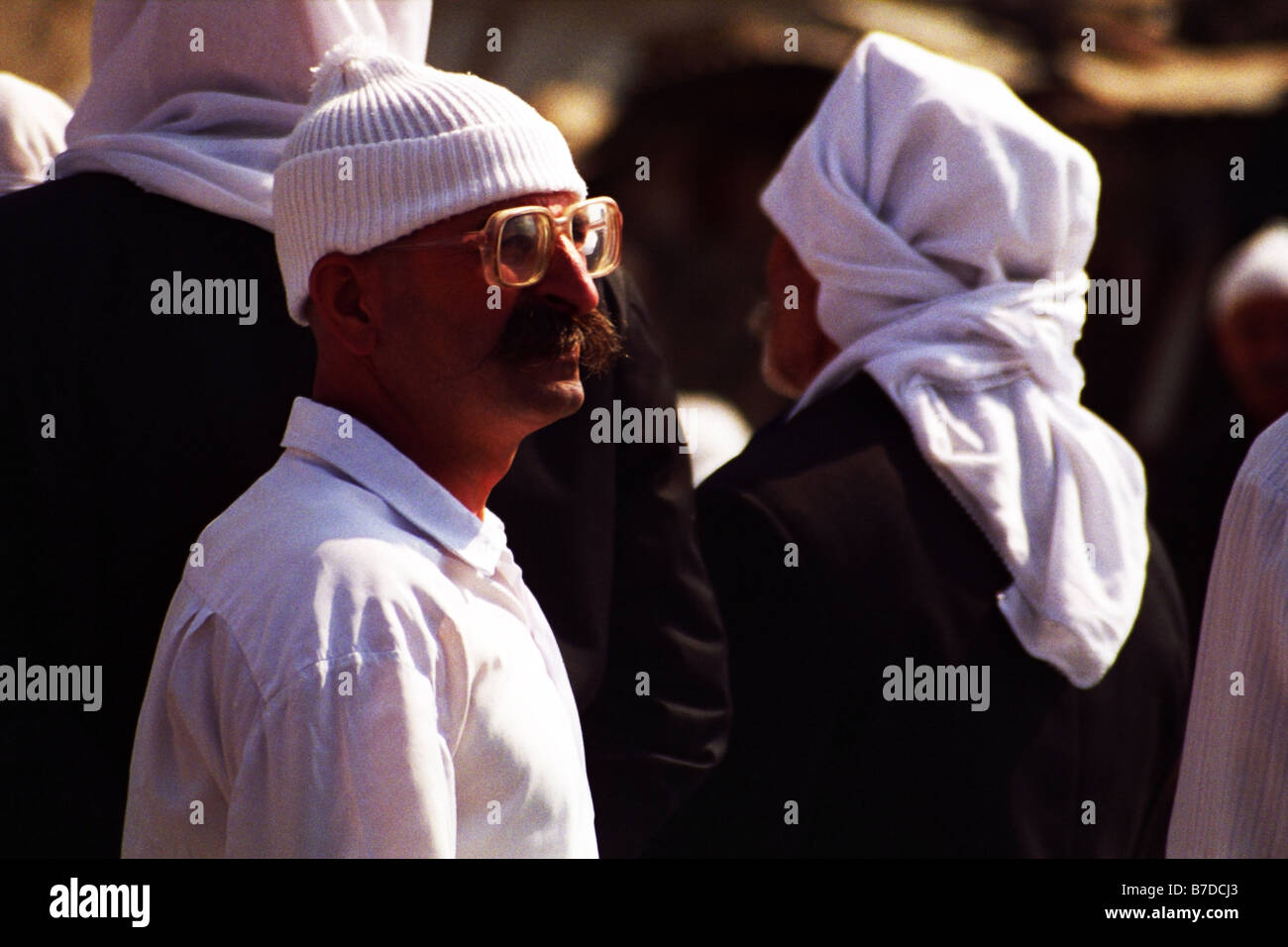 Druze men wearing their traditional head covers. Stock Photo
