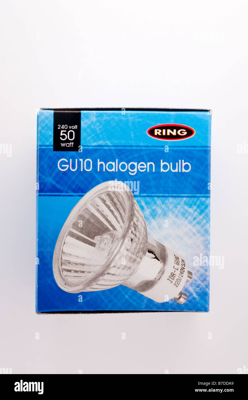 A close up of a small 50 watt halogen light bulb for interior spotlights  shot on a white background Stock Photo