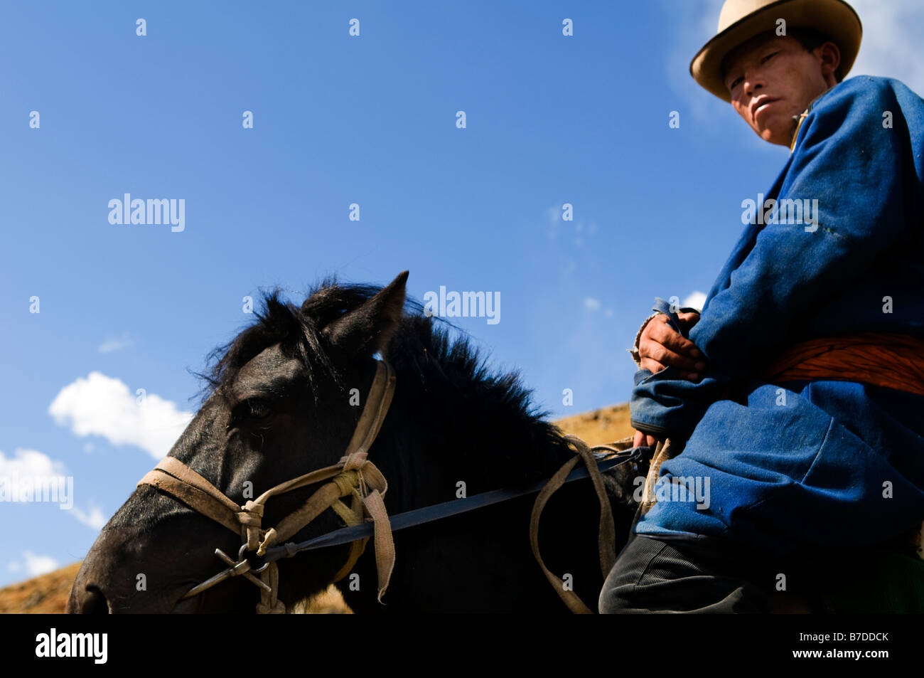 A Mongolian nomad on his black horse Stock Photo - Alamy