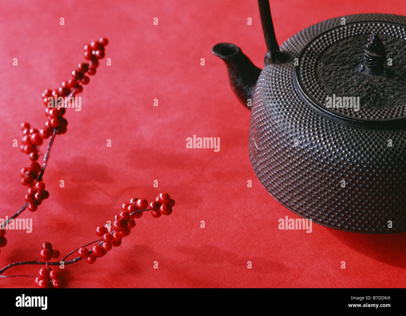 Iron Kettle and Nandina Stock Photo Alamy