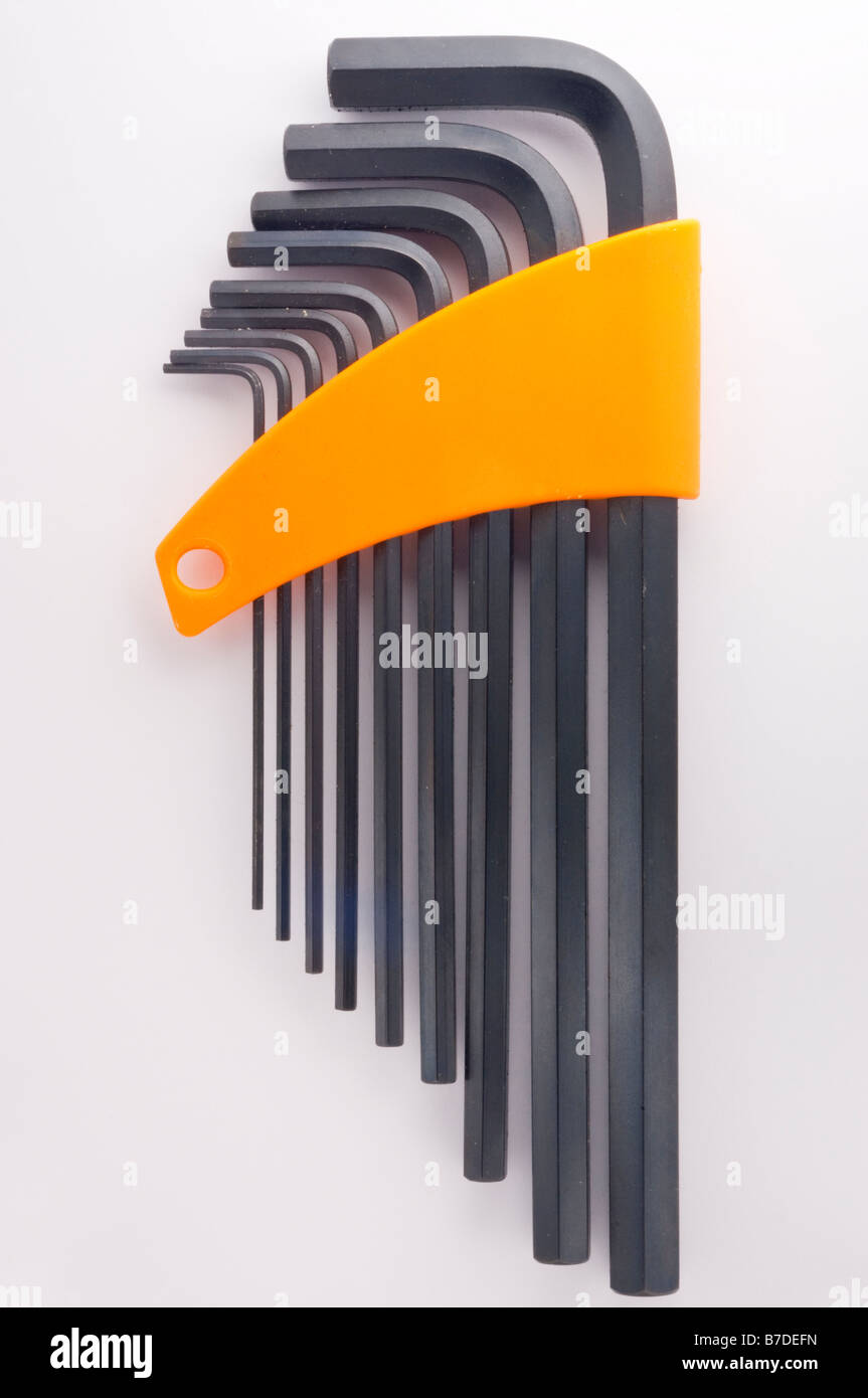 A close up of a set of allen keys shot on a white background Stock Photo