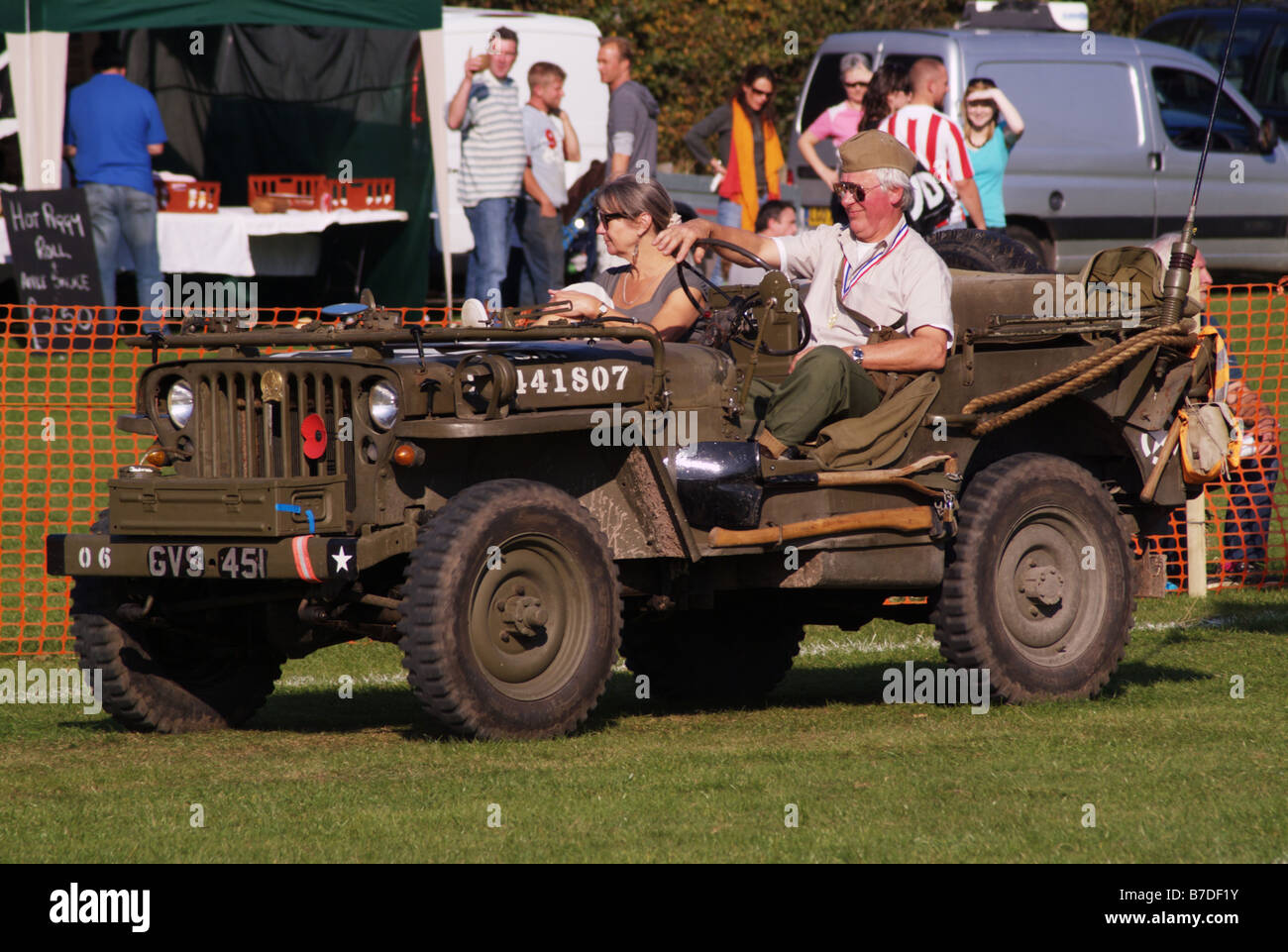 US army jeep camouflaged camouflage open top old biddenden village spectacular day out kent england uk europe Stock Photo
