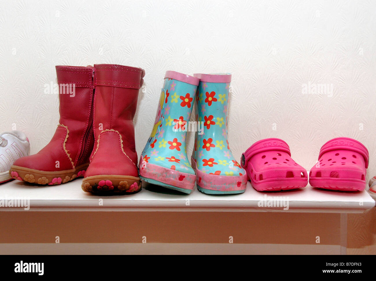 A selection of a toddlers footwear. Stock Photo