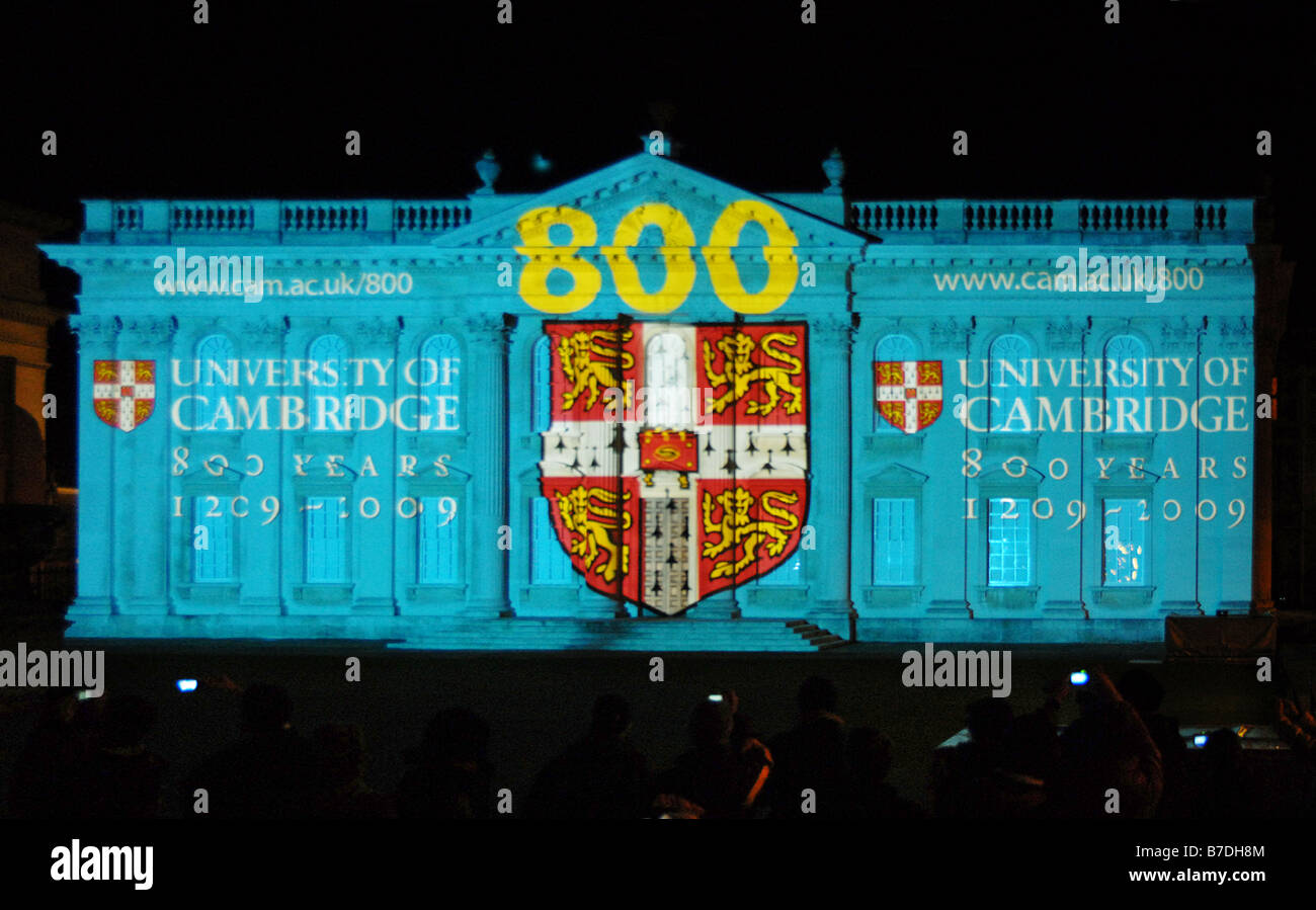 The Senate House in Cambridge illuminated by a light show to mark the