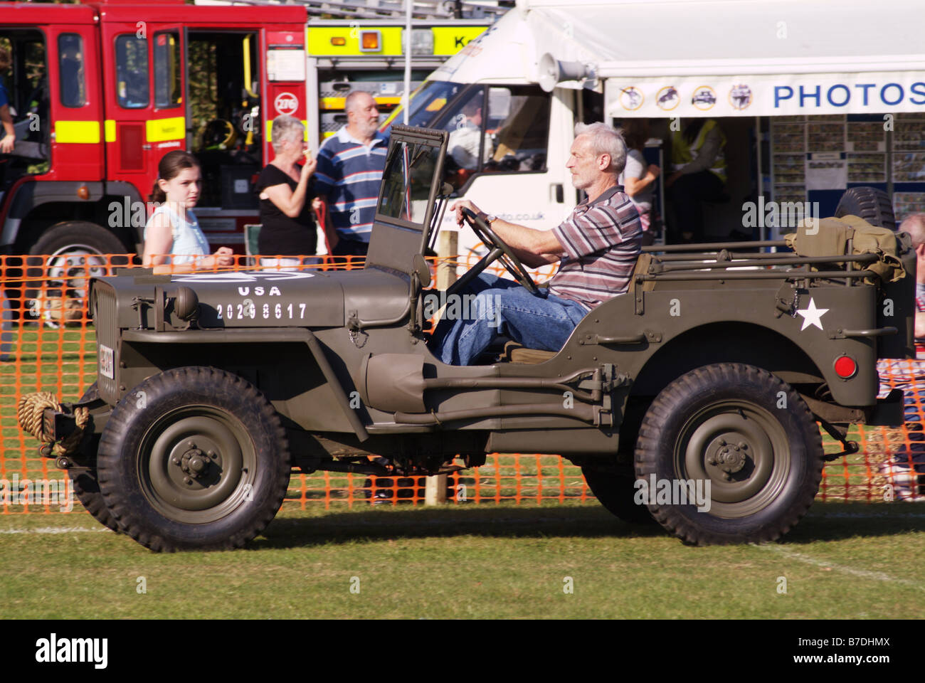 US army jeep camouflaged camouflage open top old biddenden village spectacular day out kent england uk europe Stock Photo