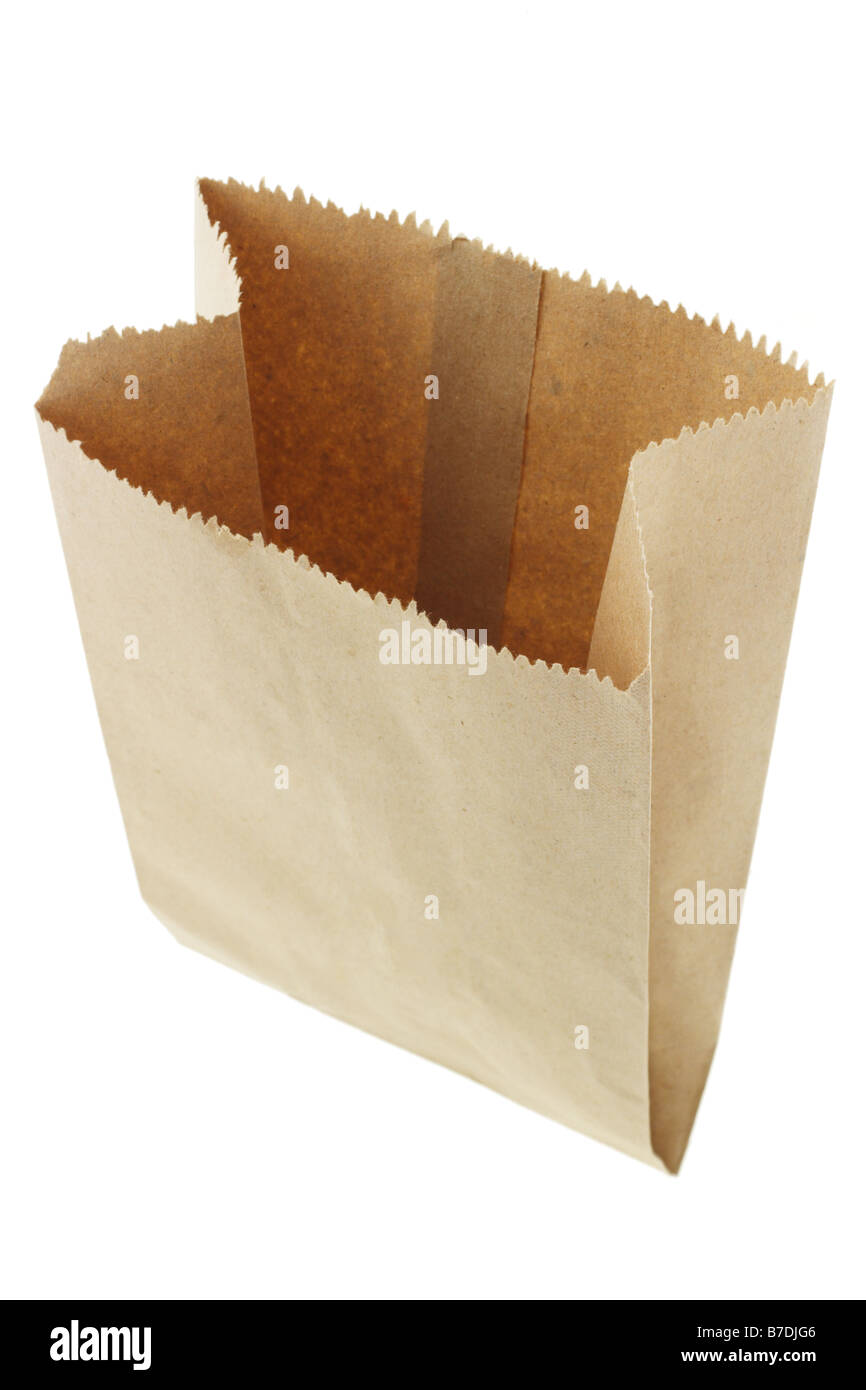 Close up of empty brown paper bag on white background Stock Photo