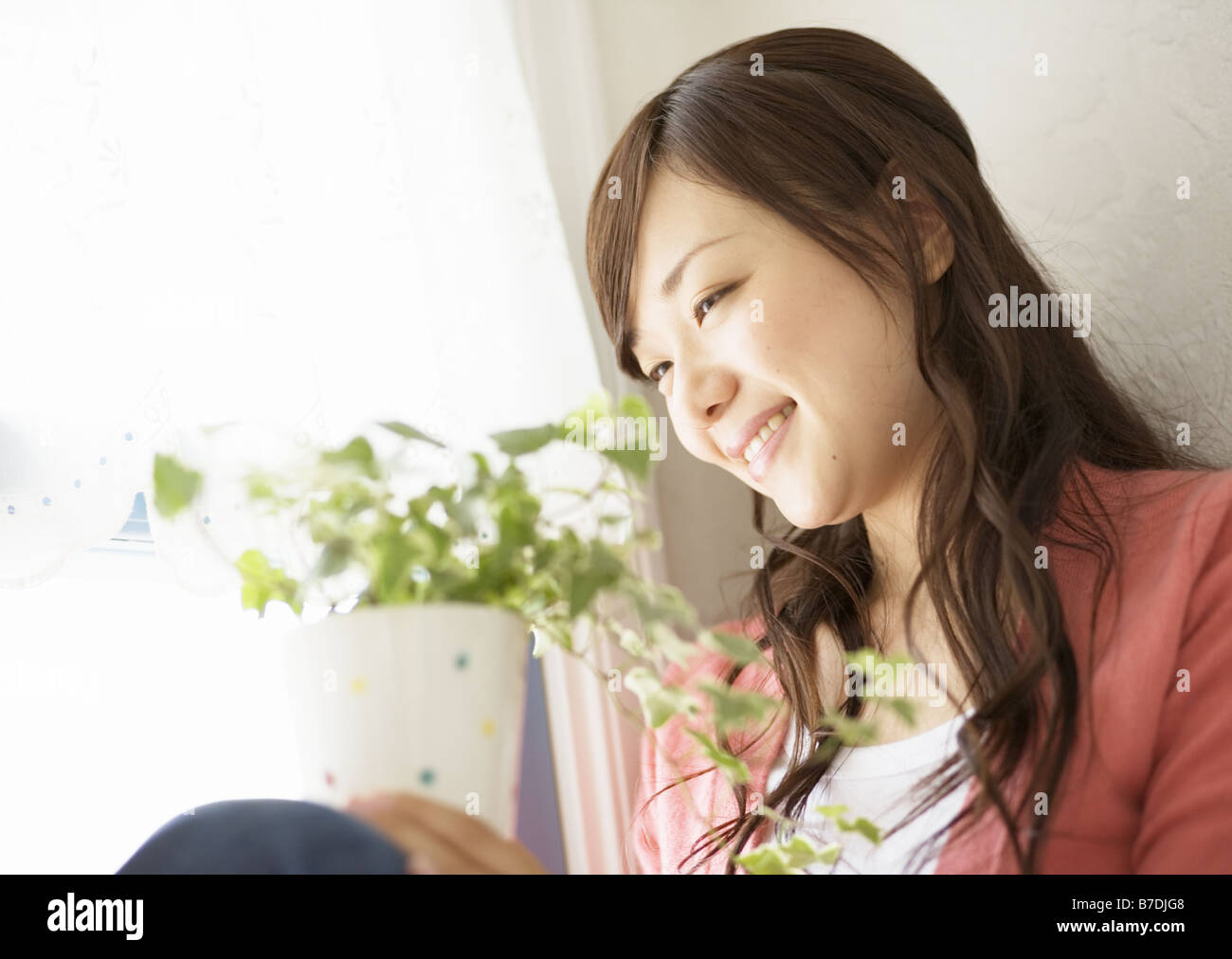 A woman looking at foliage plant Stock Photo - Alamy