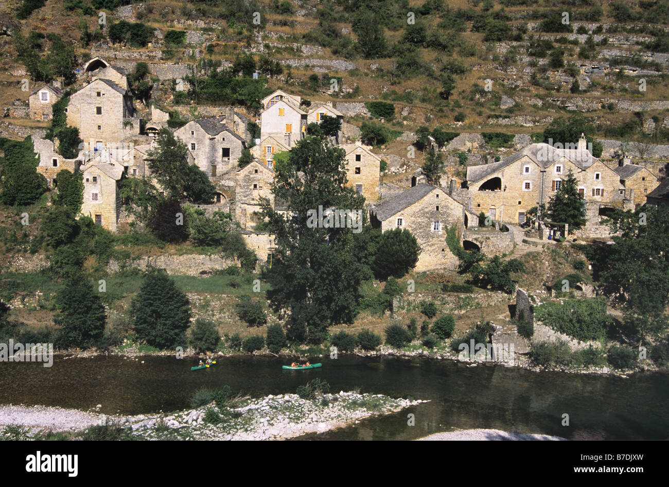 Stone Houses at Hauterives, a Restored Hamlet with No Road Access, on left bank of the Tarn River, Gorges du Tarn, Lozère,France Stock Photo