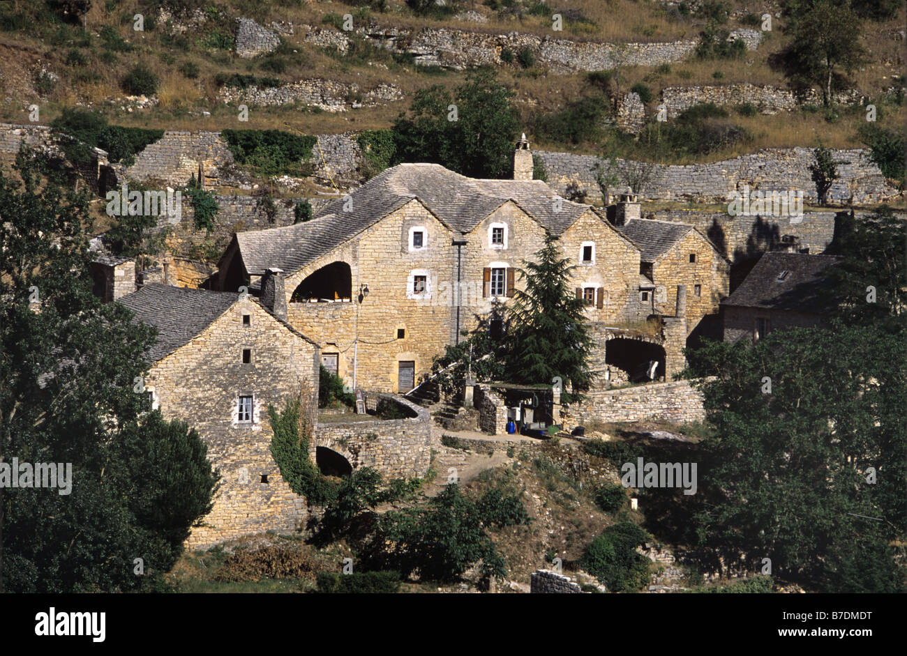 Stone House at Hauterives, a Restored Hamlet with No Road Acces, on left bank of the Tarn River, Gorges du Tarn, Lozère, France Stock Photo