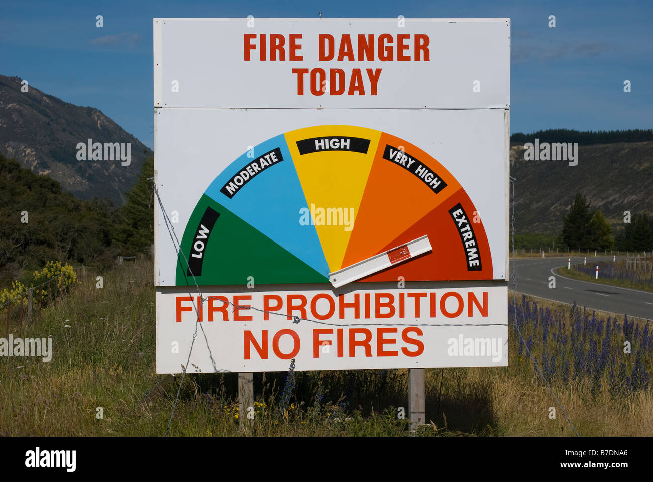 Fire danger sign on Highway 7, near Hanmer Springs, Hurunui District, Canterbury, New Zealand Stock Photo