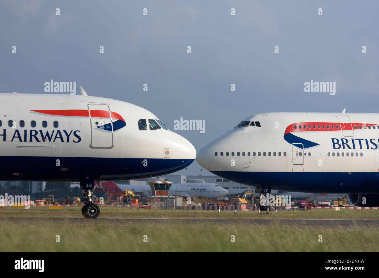 Short-haul and long-haul British Airways planes taxiing for departure at London Heathrow Airport, United Kingdom Stock Photo