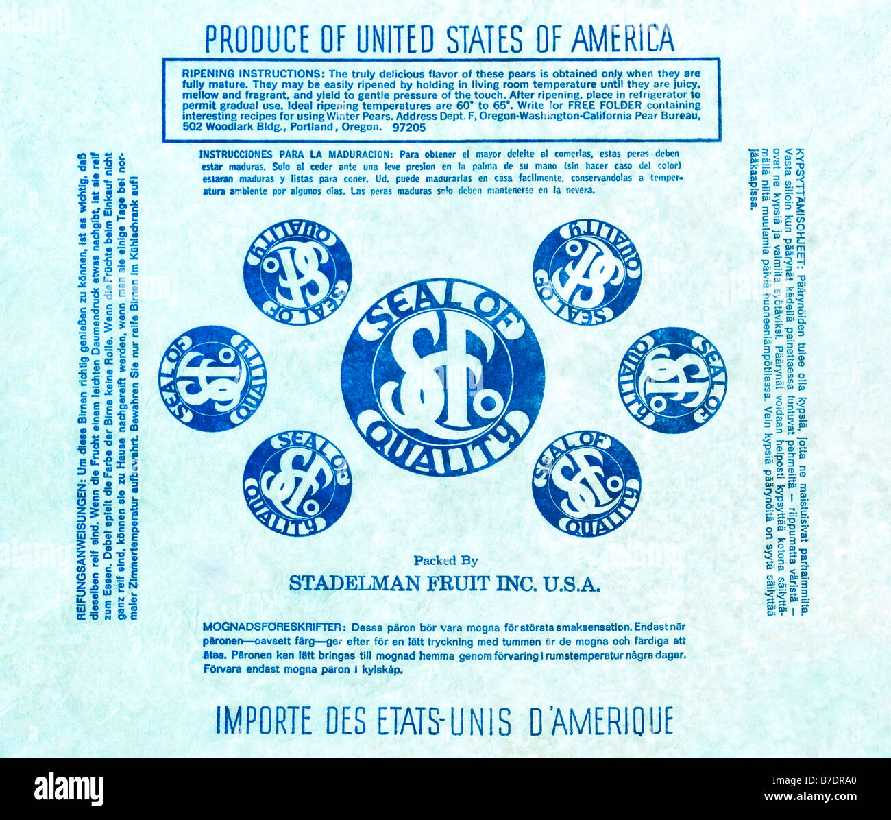 Printed ephemera / Pear fruit wrapper from USA - Blue Seal circle logos on tissue paper. Stock Photo