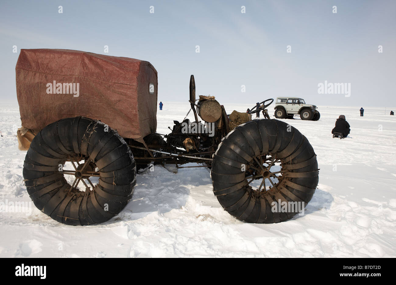 Ice fishing by homemade 4 wheeler motorbike,  Anadyr Chukotka, Siberia Russia Stock Photo