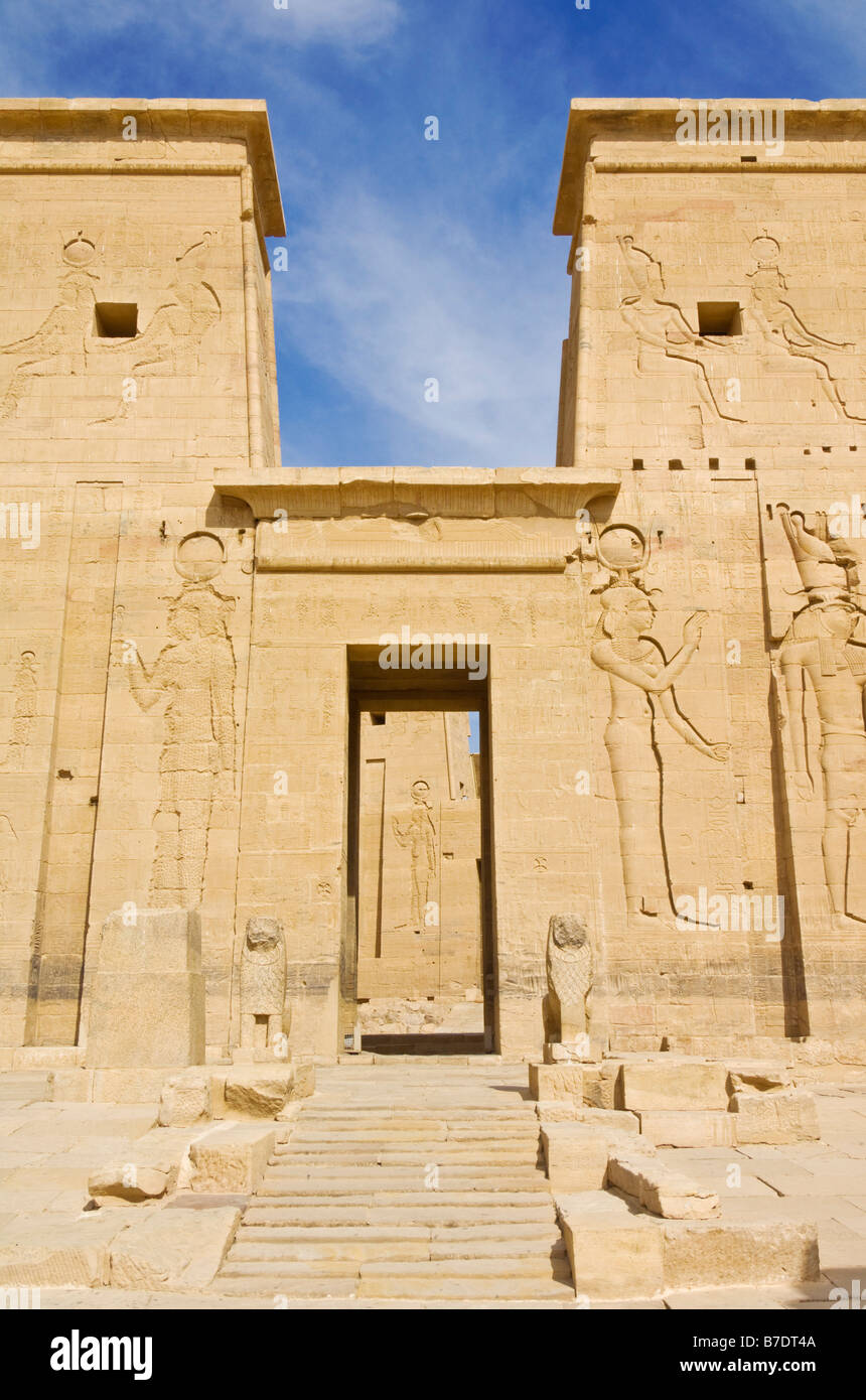 Temple of Isis on Philae which was rebuilt on the island of Agilika after the building of the Aswan dam Aswan Egypt Middle East Stock Photo