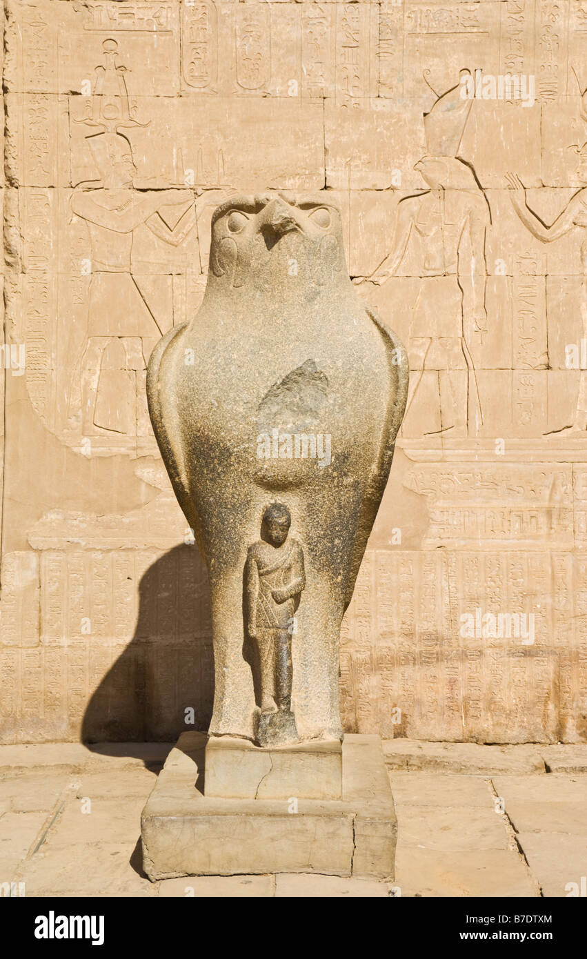 A statue of the Horus falcon outside the sandstone Temple of Horus at Edfu Egypt Middle East Stock Photo