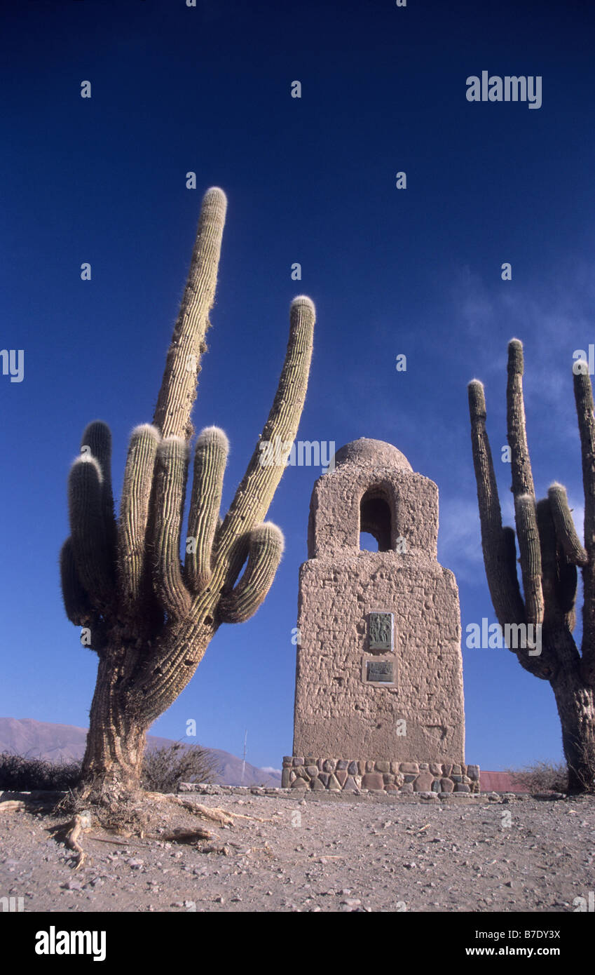 Torre de Santa Barbara and cardón cactus (Echinopsis atacamensis, formerly Trichocereus sp), Humahuaca, Argentina Stock Photo