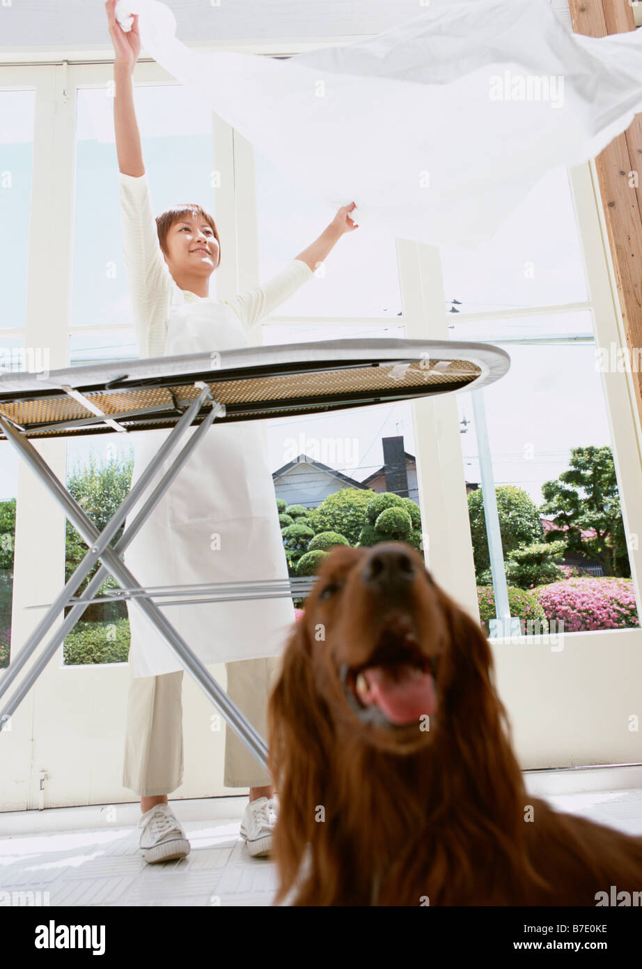 Woman ironing a sheet Stock Photo Alamy
