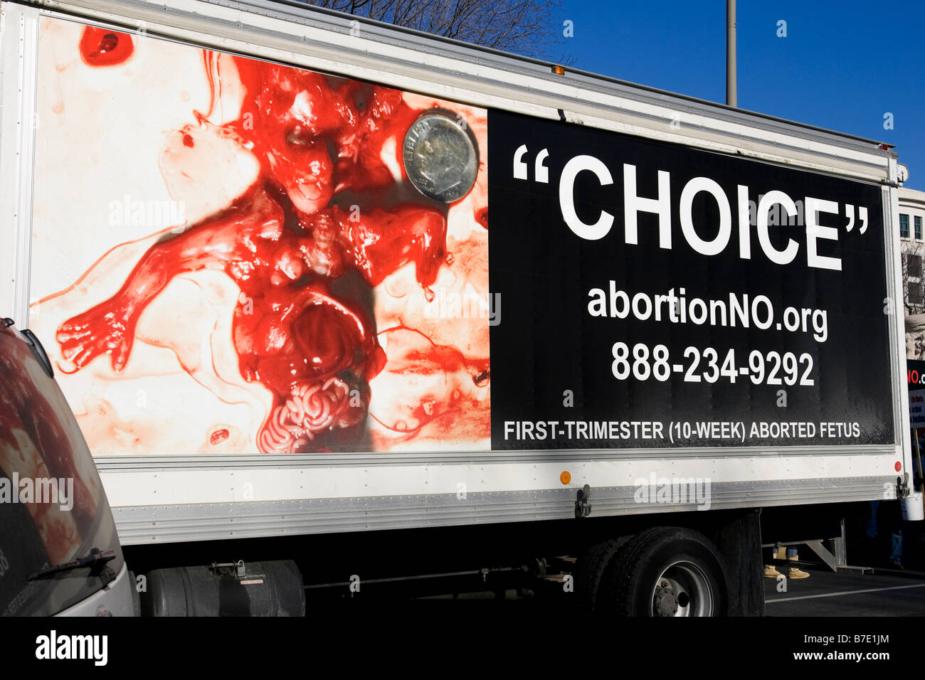 A hard message displayed on the side of a truck in the 'March for Life' rally Stock Photo