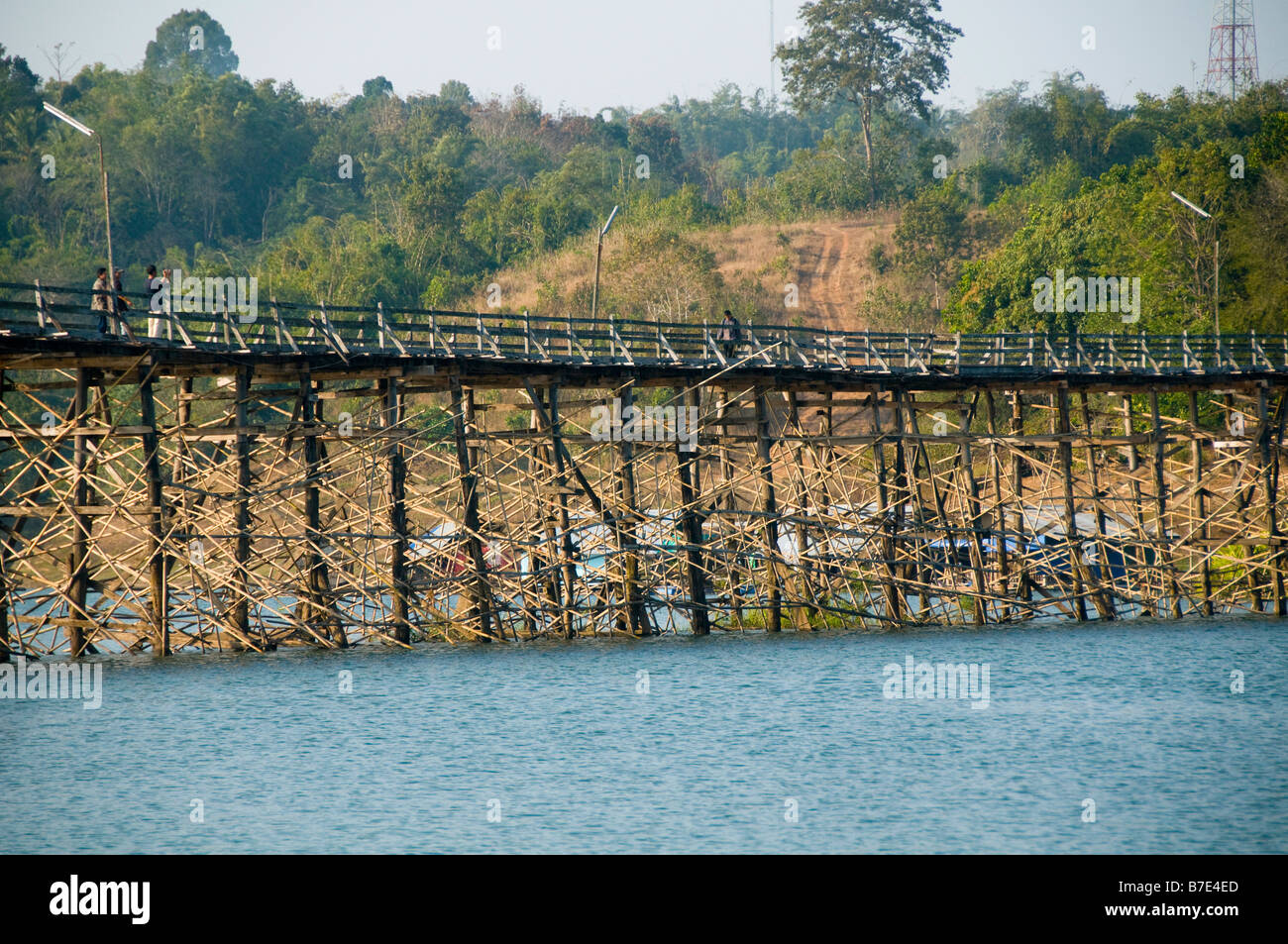 long wooden teak bridge near the Burmese border in Sangkhlaburi Thailand Stock Photo
