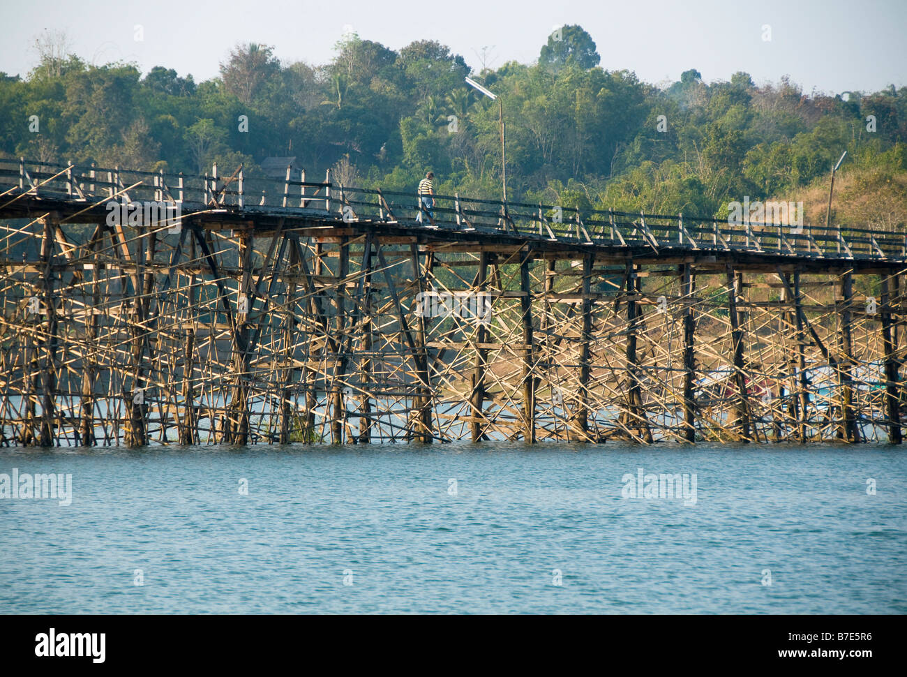 long wooden teak bridge near the Burmese border in Sangkhlaburi Thailand Stock Photo