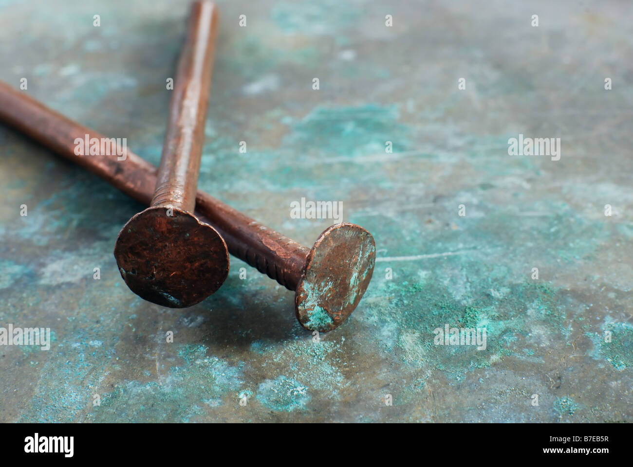 two copper nails on the metal sheet with patina Stock Photo Alamy
