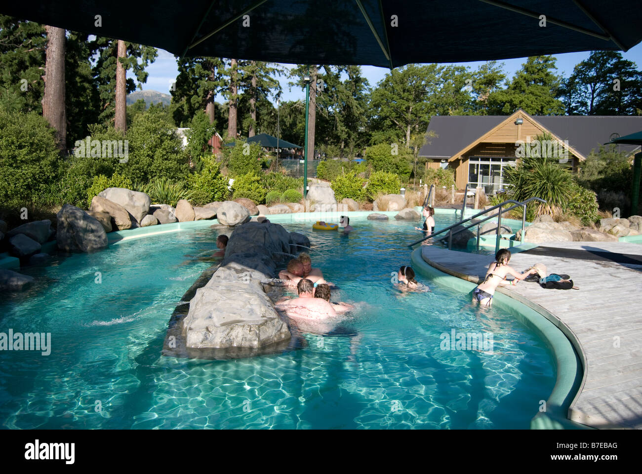 Hot spring pools, Hanmer Springs, Hurunui District, Canterbury, New Zealand Stock Photo