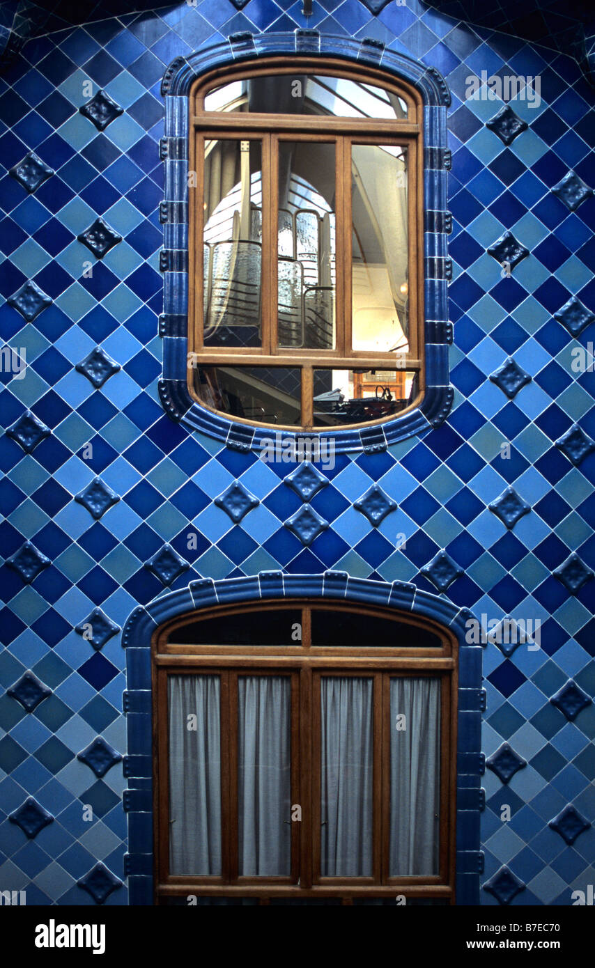 Blue Tiled Interior & Windows of the Art Nouveau or Modernista Casa Batllo Building (1904) by Antoni Gaudi, Barcelona, Spain Stock Photo