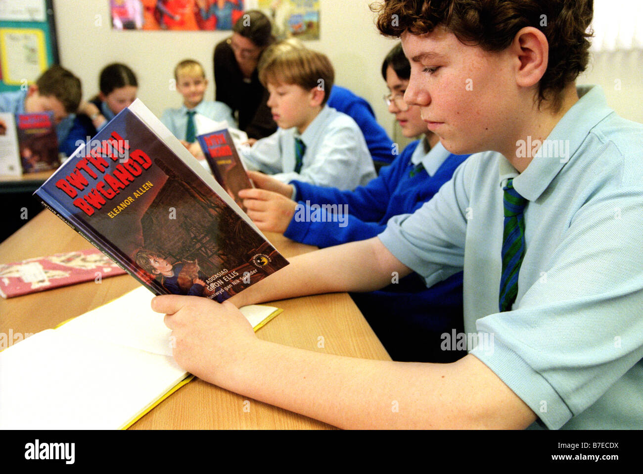 Teenage pupils reading Welsh language books in classroom of Welsh