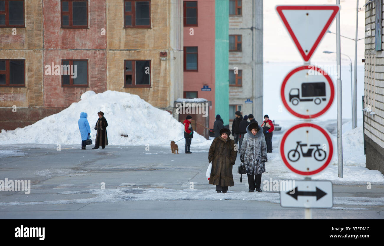 People walking in Egvekinot, Chukotka Siberia Russia Stock Photo