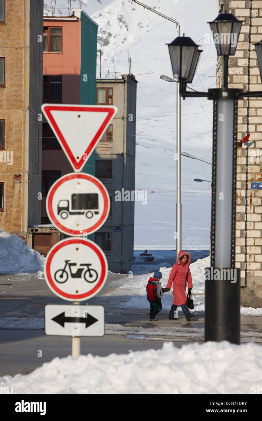 People walking in Egvekinot, Chukotka Siberia Russia Stock Photo