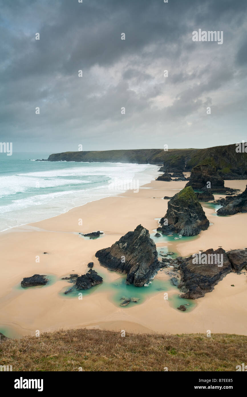 Tide out at Bedruthan Steps North Cornwall England UK Stock Photo