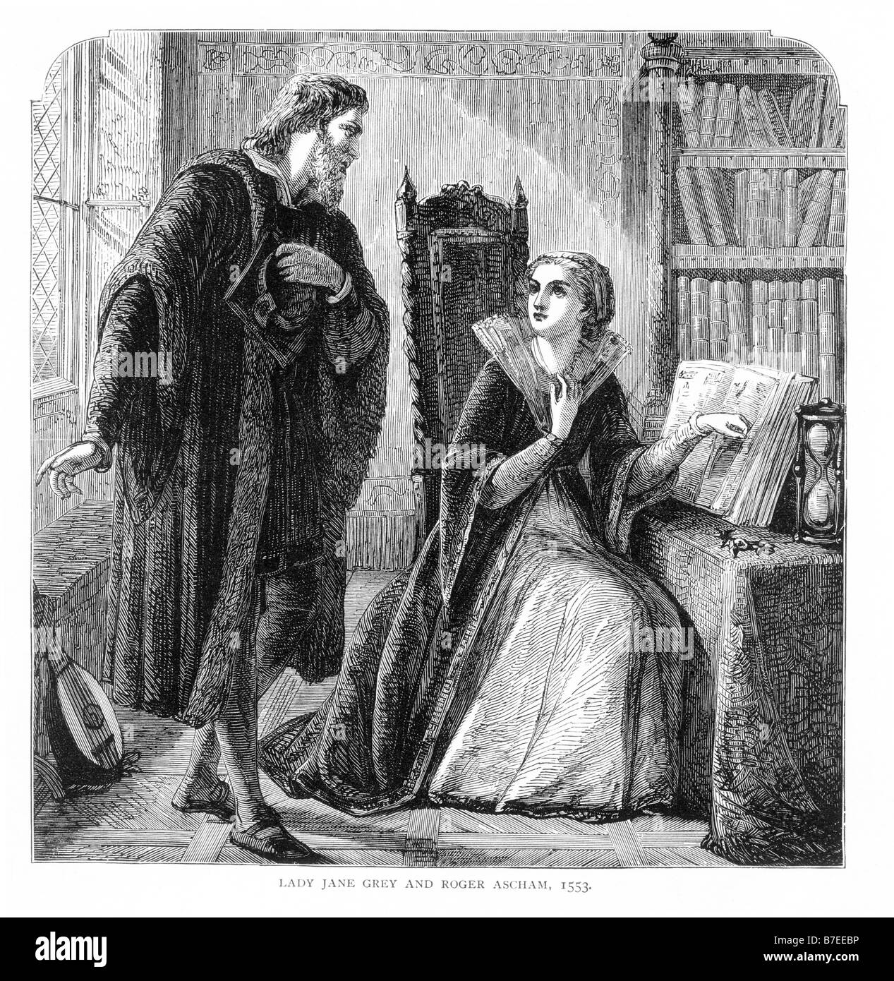 Roger Ascham Morning Call on Lady Jane Grey who was reading Plato s Phaedo 1553 19th Century Illustration Stock Photo