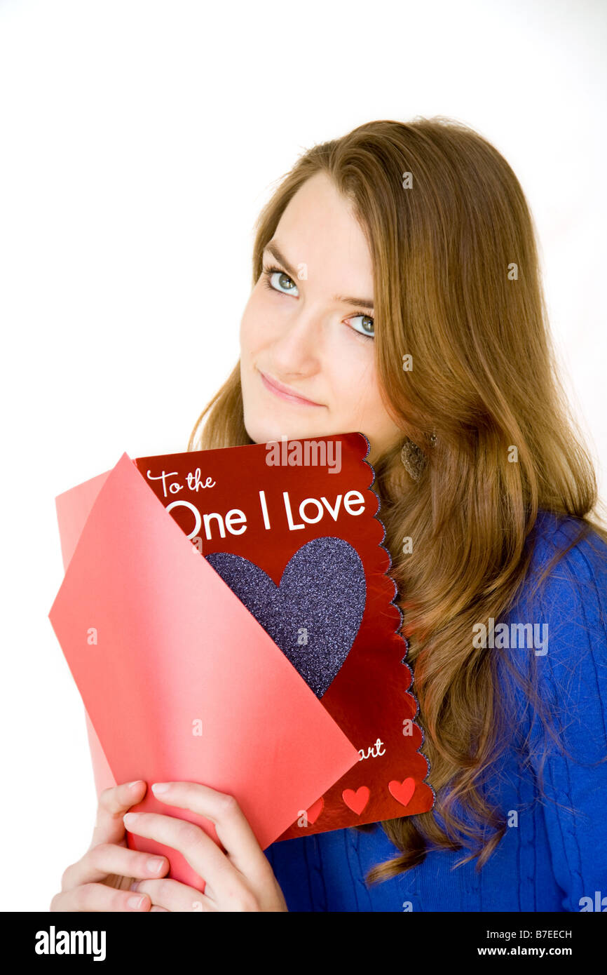 Teenage girl with a valentine card Stock Photo