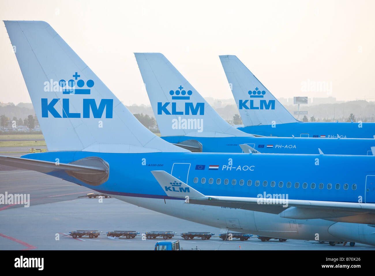 Tailfins of KLM planes at Schipol Airport, Amsterdam, Holland Stock Photo