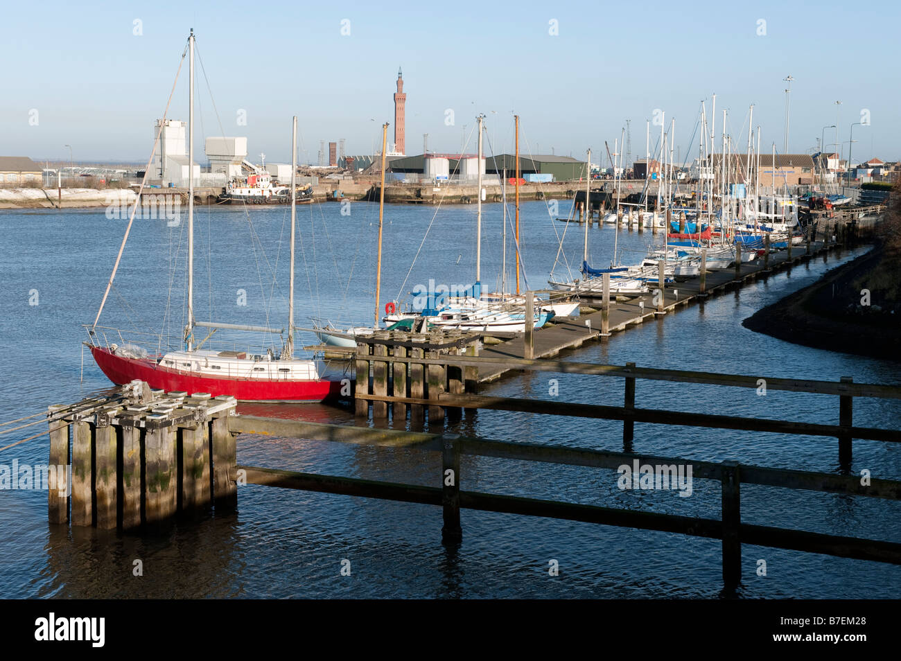 Grimsby and Cleethorpes Yatch club sail boats moored in Grimsby Dock Stock Photo