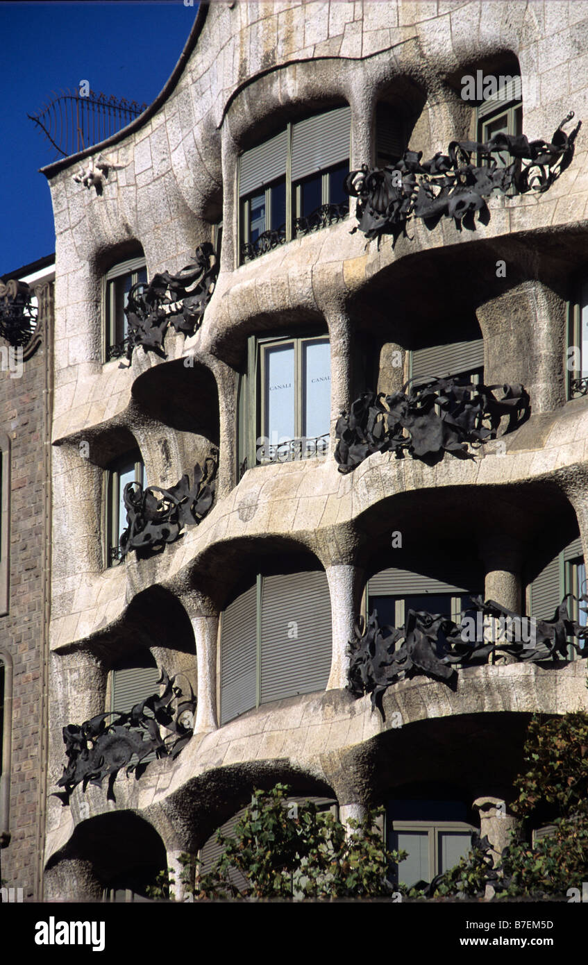 Concrete Facade, Balconies & Windows of the Art Nouveau Casa Mila, or La Pedrera, Apartments by Antoni Gaudi, Barcelona, Spain Stock Photo