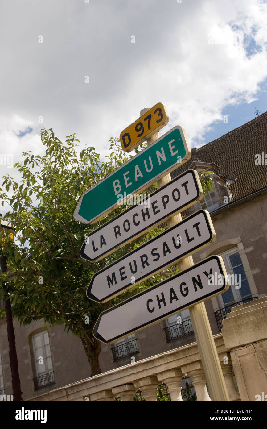 Road sign in Nolay, D973 Beaune, La Rochepot, Meursault, Chagny. France EU Stock Photo