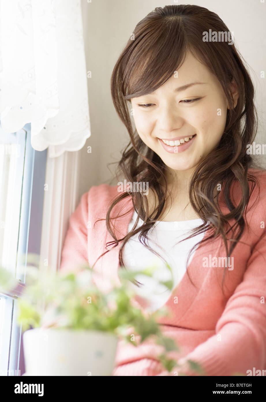 A woman looking at foliage plant Stock Photo - Alamy