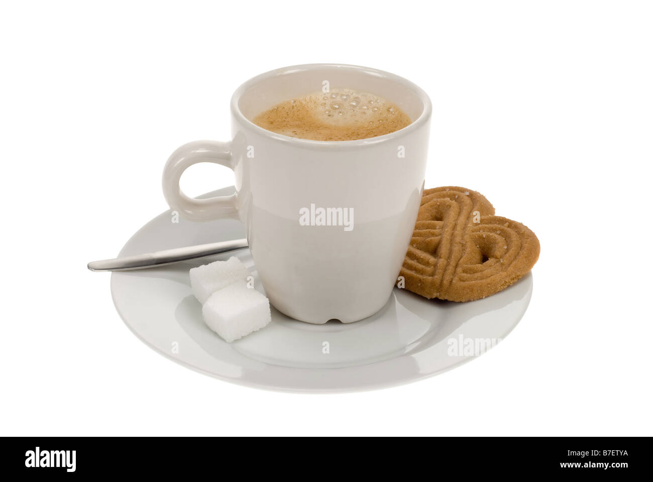 hot coffee with teaspoon sugar and cookie isolated on white a white background Stock Photo