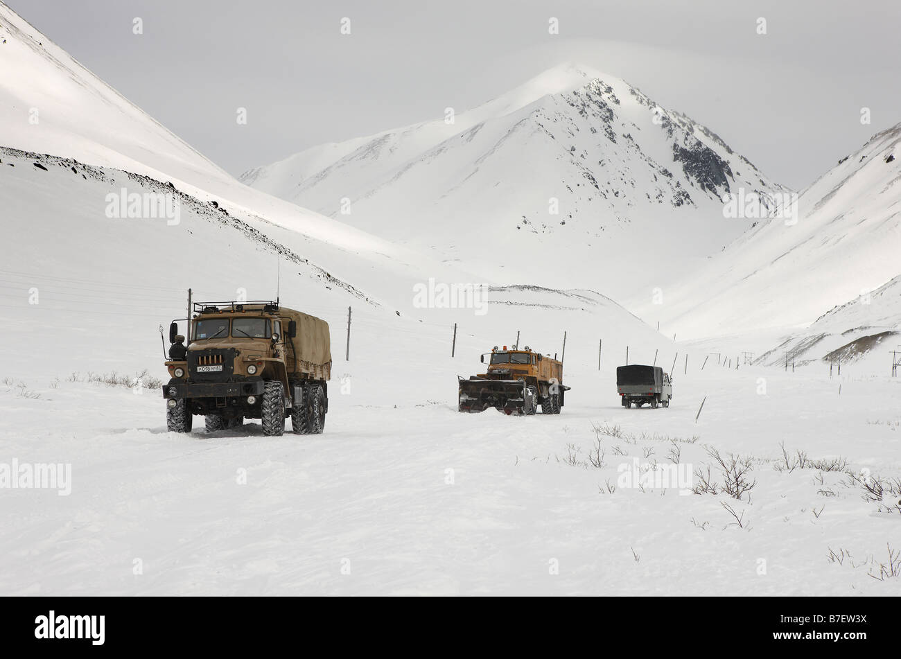 Trucks carrying food and fuel, Chukotka Siberia Russia Stock Photo