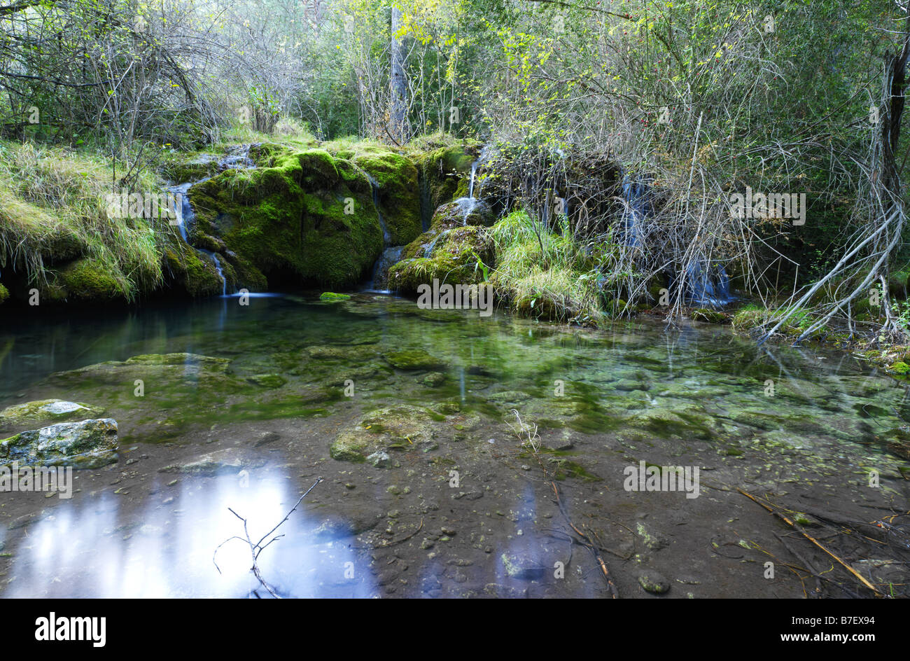 Small waterfall in Jucar riverbe, Tragacete, Cuenca Mountain Range, La Mancha, Spain Stock Photo