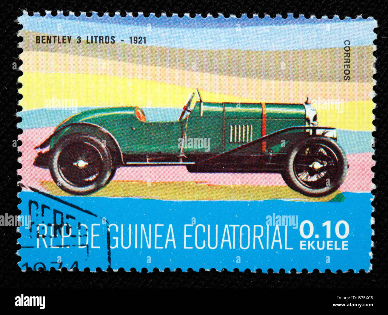 History of transport car Bentley (1921), postage stamp, Equatorial Guinea Stock Photo