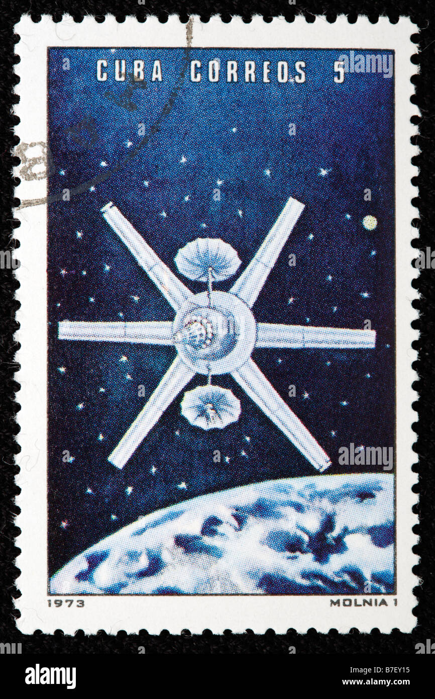 Soviet satellite 'Molnia 1', postage stamp, Cuba, 1973 Stock Photo