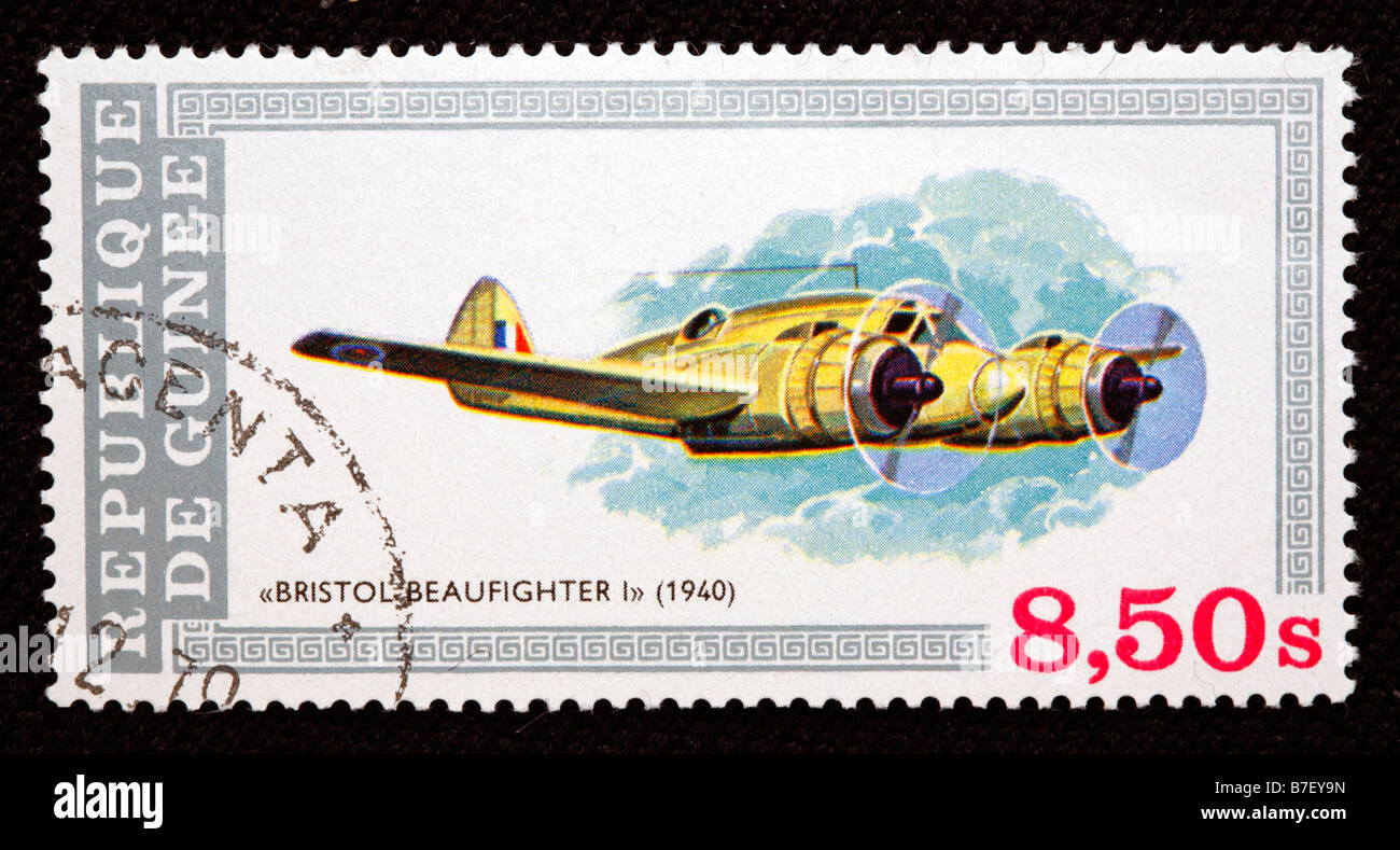 History of aviation, plane Bristol beaufighter I (1940), postage stamp, Guinea Stock Photo