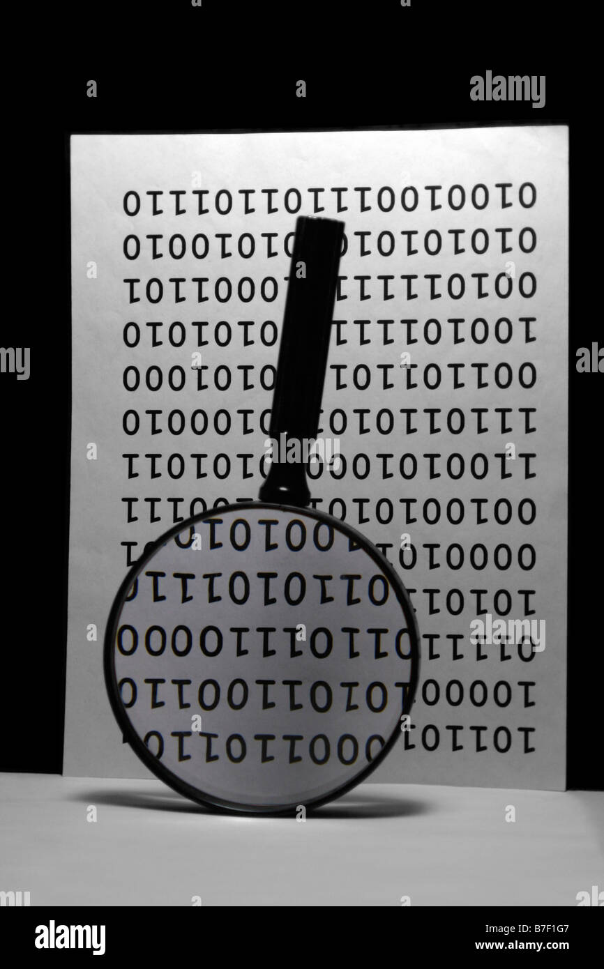 Magnifying glass at upside down (confused) data abstract Stock Photo Alamy
