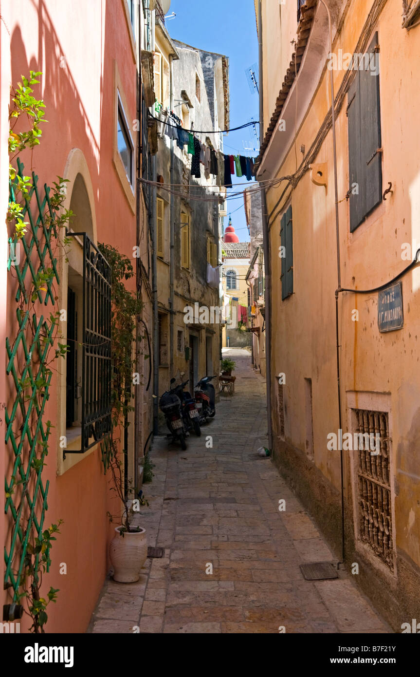 Atmospheric Backstreets in the Cambiello Old Quarter, Corfu Town, Corfu, Greek Islands, Greece, Europe Stock Photo